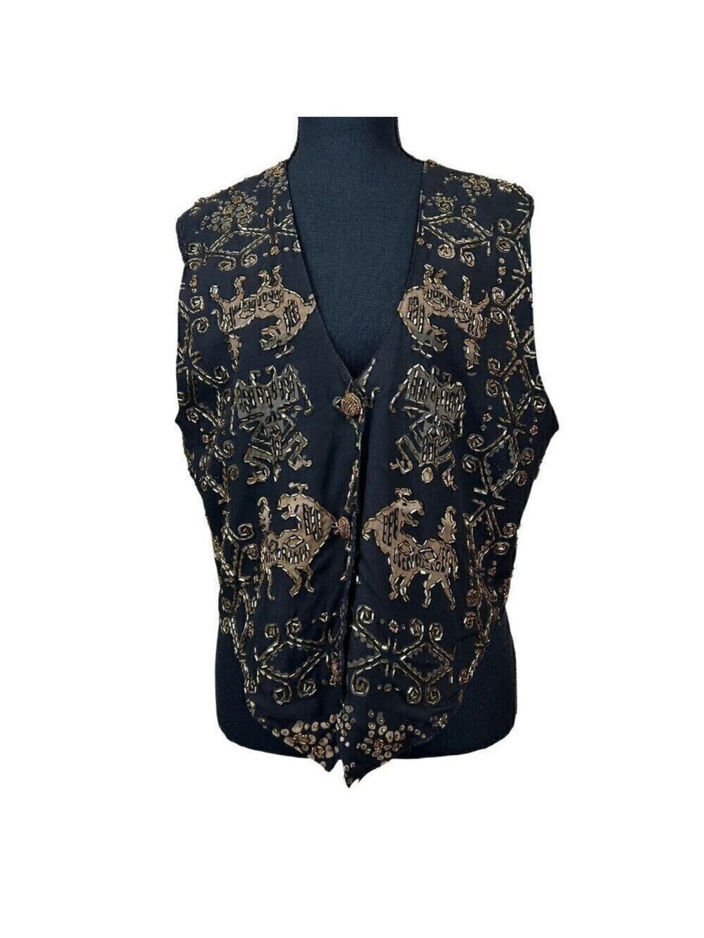 Red's Threads Vintage Black Gold-Beaded Art To Wear Rayon Vest Size S/M